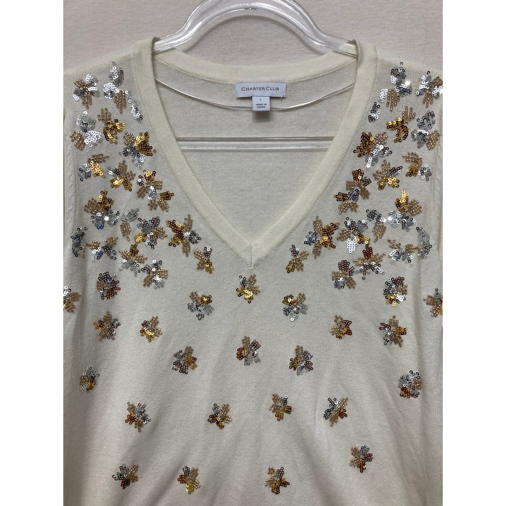 New Charter Club Embellished Sweater Large White Sequin Floral V-Neck Holiday